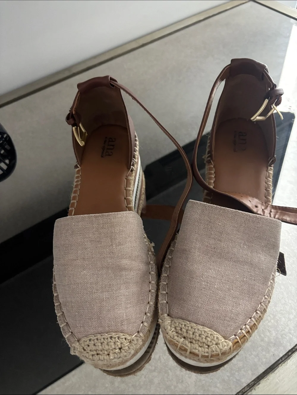 a.n.a Taupe Canvas Espadrille Wedge Sandals with Brown Ankle Straps